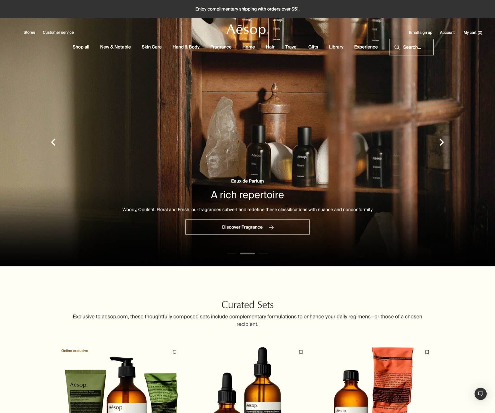 Aesop homepage — one photograph, one headline, one button, surrounded by space