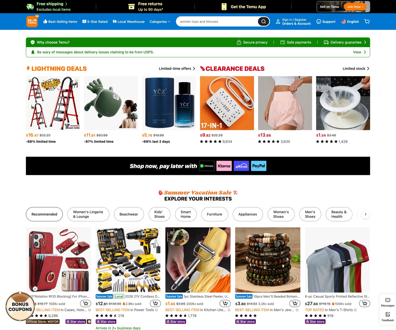 Temu homepage — deals, coupons and product tiles edge to edge